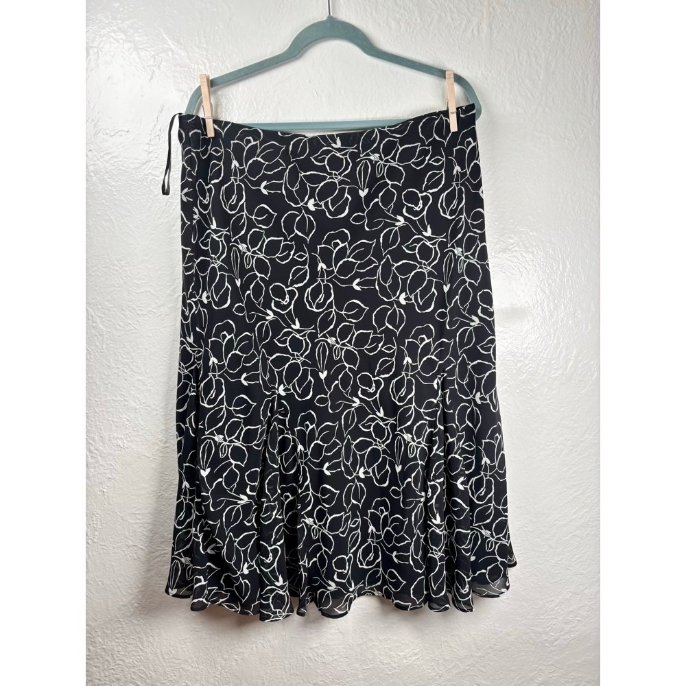 Chaps Womens XL Black White Floral Midi Skirt Chiffon Flared A-Line Career Boho